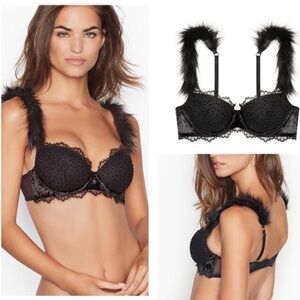 Victoria’s Secret Dream Angels Bra 32D Black Faux Fur  Underwire Y2K Whimsigoth